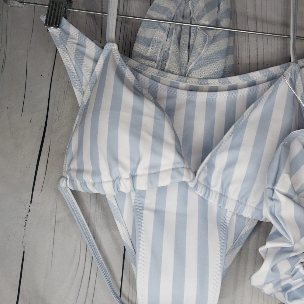 Jimmi Striped Blue and White Bikini Set With Wrap And Hair Tie Size M NWT - Picture 3 of 10